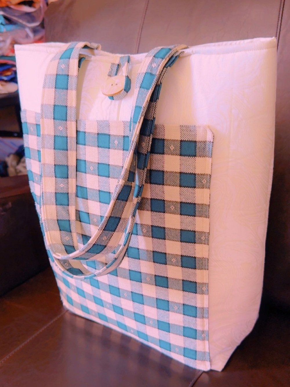 Turquoise Check Canvas Tote Bag with White Panels